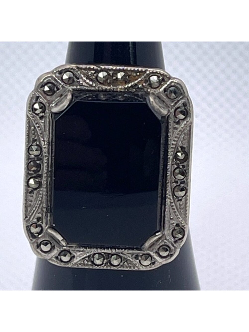 Art Deco Ring Black Onyx Marcasite Sterling Silver Statement Estate Size 6.25 - Picture 4 of 12